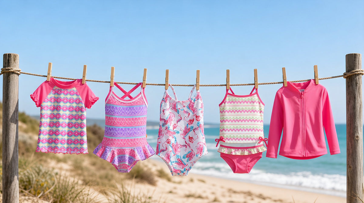 Kids swimmers pegged on a clothesline at the beach